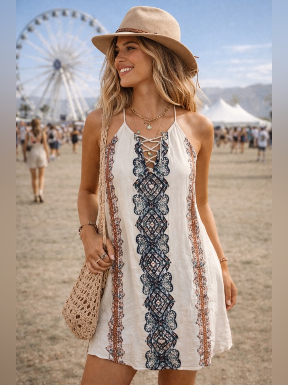 Boho Lace-Up Tank Dress in Cream with Navy & Rust Size L Boho Festival Coastal